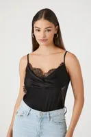 Women's Satin Lace-Trim Bodysuit Black,