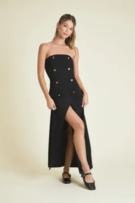 Women's Double-Breasted Strapless Maxi Dress in Black, XS