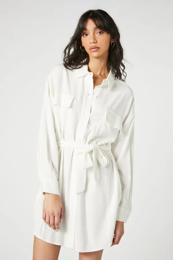 Women's Tie-Waist Mini Shirt Dress in Ivory Small