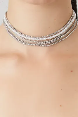 Women's Faux Pearl & Rhinestone Choker Necklace in Silver/White