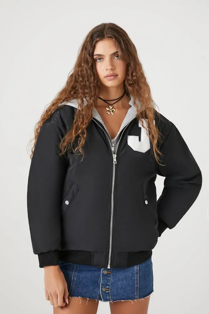 Women's Letterman Zip-Up Bomber Jacket in Black Medium