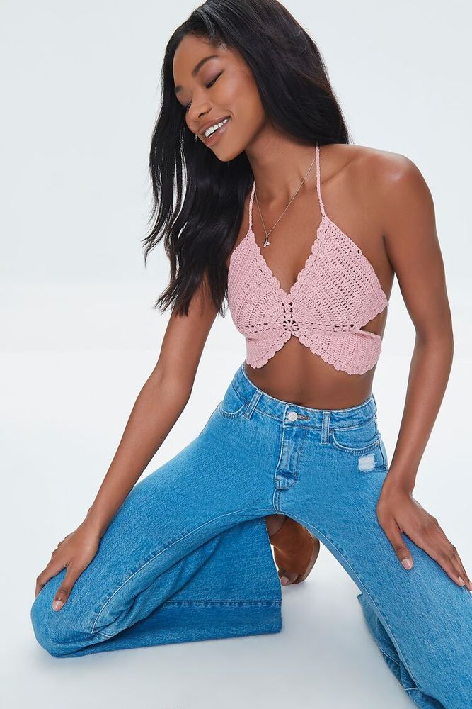 Women's Crochet Butterfly Halter Crop Top in Rose Large