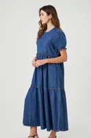 Women's Denim Ruffle Tiered Maxi Dress in Medium Denim