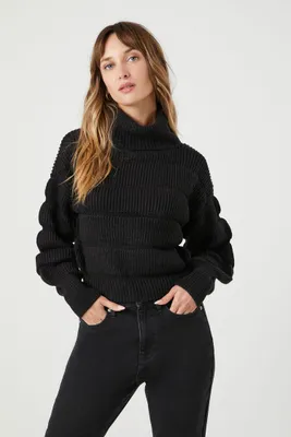 Women's Ribbed Knit Turtleneck Sweater in Black, XL