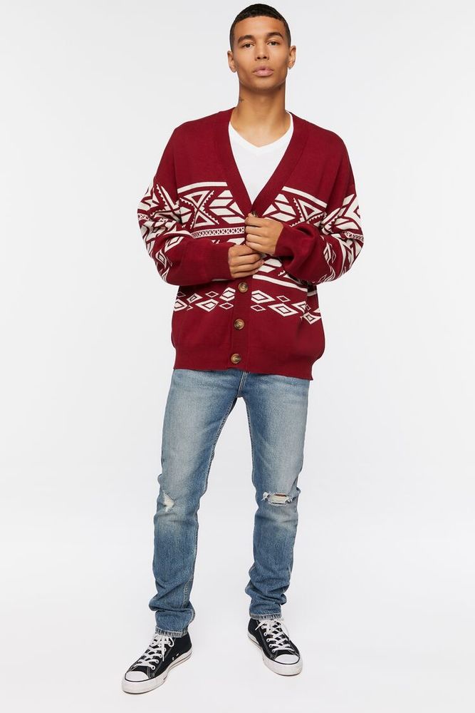 Men Geo Print Cardigan Sweater in Burgundy/Cream Large