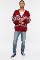 Men Geo Print Cardigan Sweater in Burgundy/Cream Large