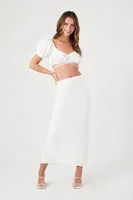 Women's Puff-Sleeve Crop Top & Maxi Skirt Set in Ivory, XL