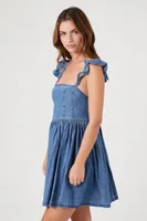 Women's Denim Ruffle-Strap Mini Dress in Medium Denim Small