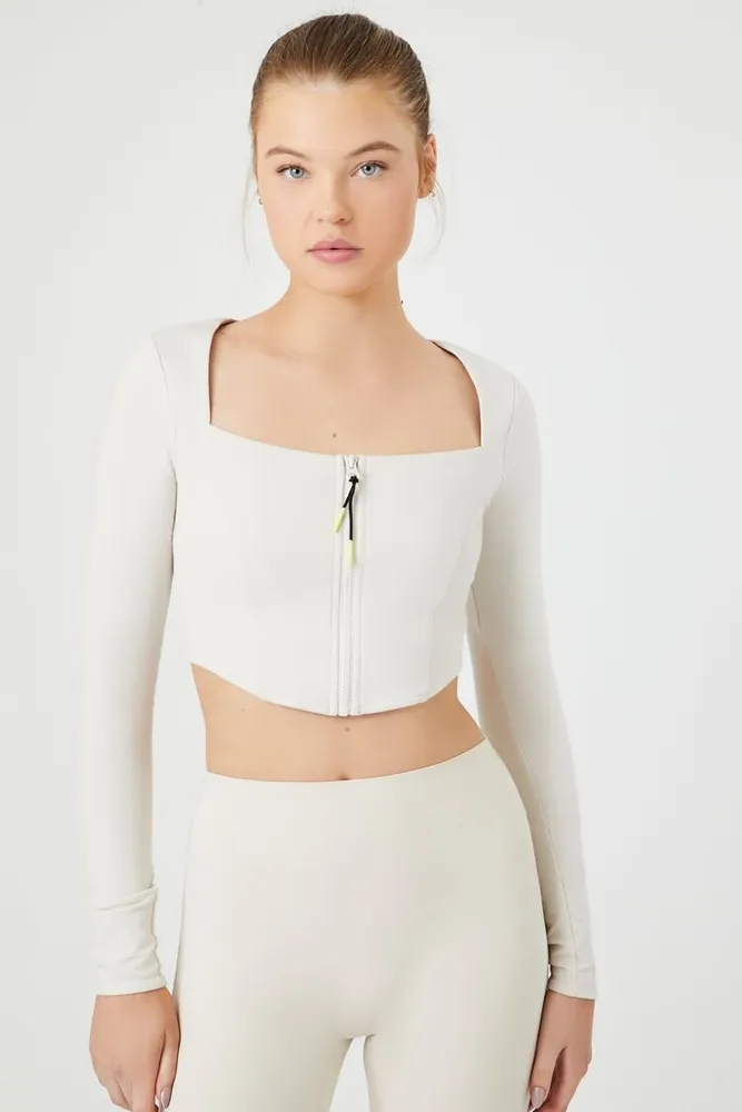 Women's Active Zip-Up Curved-Hem Crop Top in Birch Large