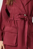 Women's Belted Faux Suede Trench Coat in Wine Medium