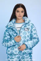 Women's Hello Kitty Heart Print Puffer Jacket in Baby Blue, XS