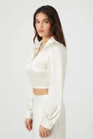 Women's Satin Wrap Crop Top in Cream Small