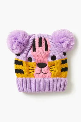 Girls Colorblock Tiger Beanie (Kids) in Purple/Orange