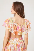 Women's Floral Print Ruffle Crop Top in Pink Small