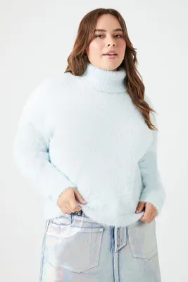 Women's Fuzzy Turtleneck Sweater in Sky Blue, 1X