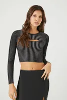 Women's Cutout Sweater-Knit Crop Top in Black/Grey Medium