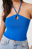 Women's Ribbed Sweater-Knit Crop Top in Blue, XL