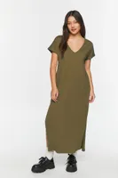 Women's V-Neck Short-Sleeve Maxi Dress in Olive Large