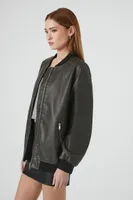 Women's Faux Leather Longline Bomber Jacket in Charcoal Medium