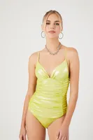 Women's Metallic Ruched Cami Bodysuit in Acid Green Medium