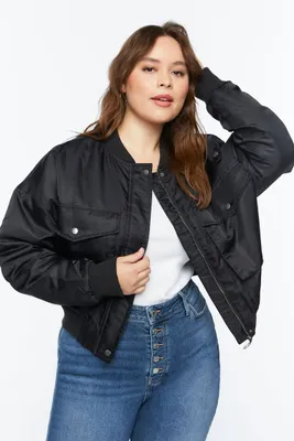 Women's Flap-Pocket Bomber Jacket in Black, 3X