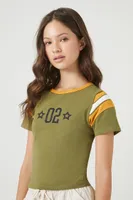 Women's 02 Graphic Ringer Baby T-Shirt in Olive, XL