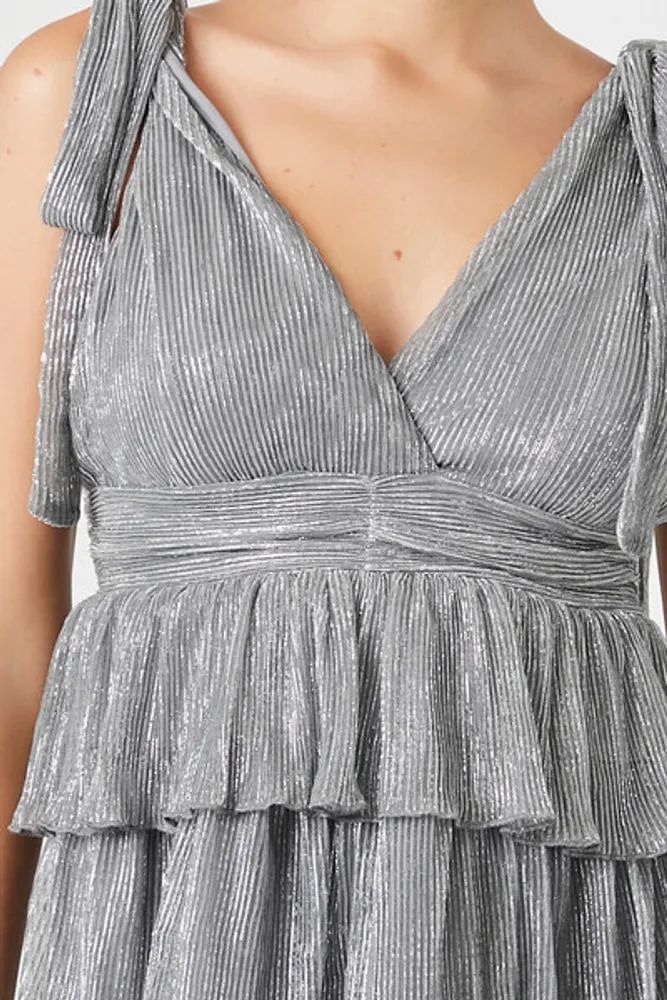 Women's Metallic Ruffle Mini Dress in Silver Small