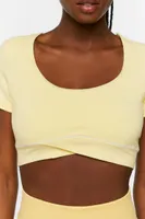 Women's Active Contrast-Trim Crossover Crop Top in Mellow Yellow/White Large