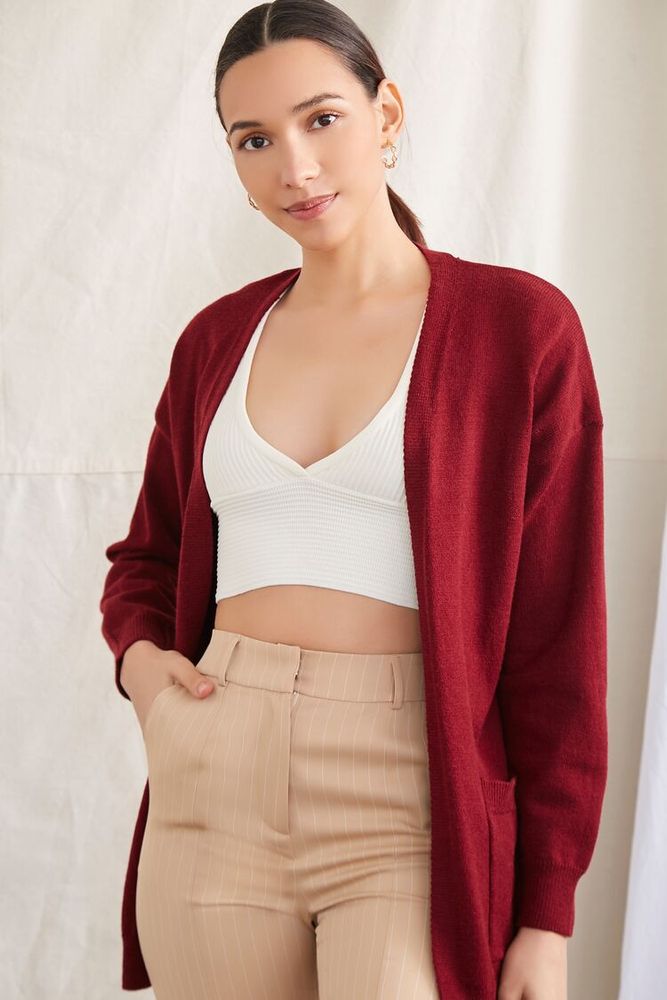 Women's Patch-Pocket Cardigan Sweater in Burgundy Medium