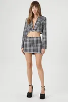 Women's Plaid Rhinestone-Trim Cropped Blazer in Black Medium