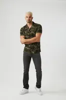 Men Camo Print Cuban Collar Shirt in Olive, XXL