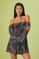 Women's Paisley Print Off-the-Shoulder Mini Dress in Black Medium