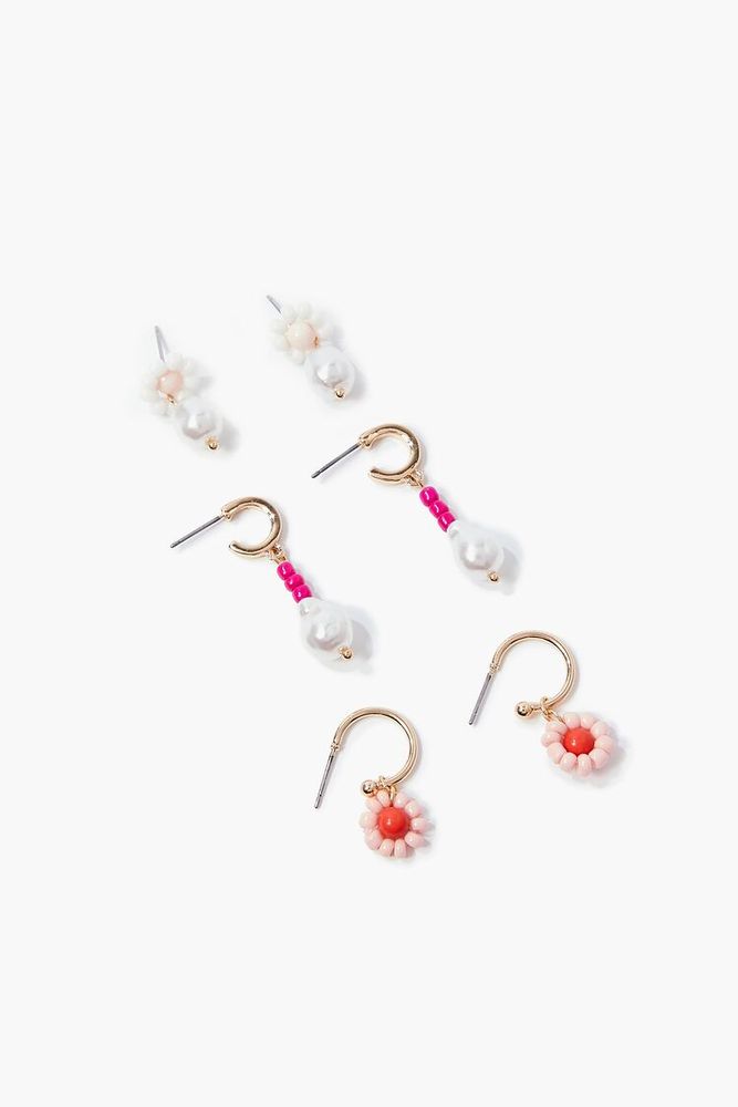 Women's Beaded Floral Drop Earrings in Pink/White