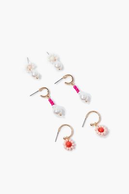 Women's Beaded Floral Drop Earrings in Pink/White