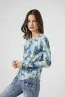 Women's Tie-Dye Floral Print Top in Blue Small