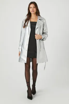 Women's Belted Metallic Trench Coat in Silver Small