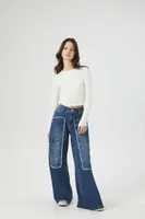 Women's Baggy Frayed Cargo Jeans Dark Denim,