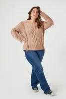 Women's Cable Knit Fringe Sweater in Tan, 1X