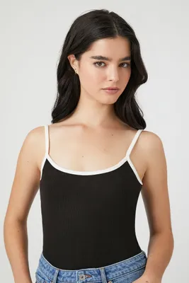 Women's Ribbed Knit Ringer Cami Bodysuit in Black/Vanilla, XL