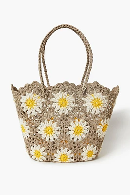 Women's Crochet Daisy Tote Bag in Tan