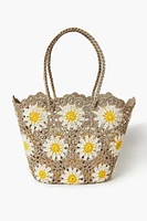 Women's Crochet Daisy Tote Bag in Tan