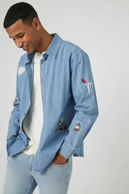 Men Embroidered Winter Sports Denim Shirt in Medium Denim