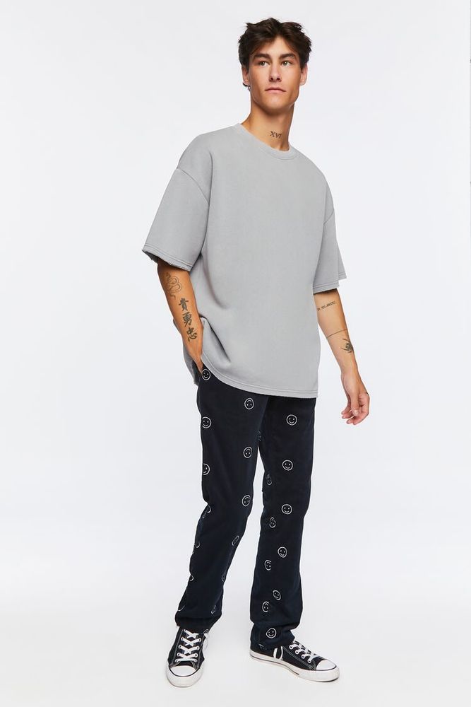 Men Happy Face Corduroy Drawstring Pants in Navy Large