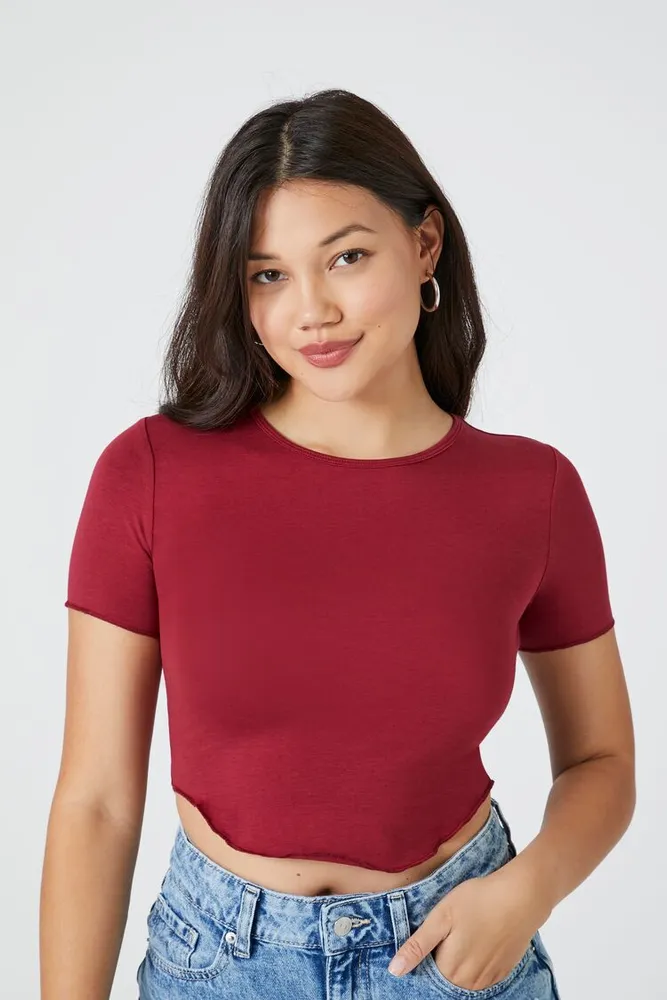 Women's Curved-Hem Cropped T-Shirt in Burgundy Large