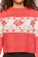 Women's Rose Print Sweater in Red Large