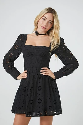 Women's Floral Eyelet Bustier Mini Dress in Black Medium