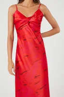 Women's Satin Abstract Print Midi Dress in Fuchsia Medium