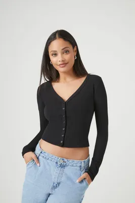 Women's Cropped Rib-Knit Cardigan Sweater in Black Large