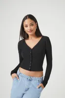 Women's Cropped Rib-Knit Cardigan Sweater in Black Large