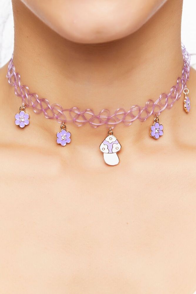 Women's Mushroom Charm Choker Necklace in Purple/Gold